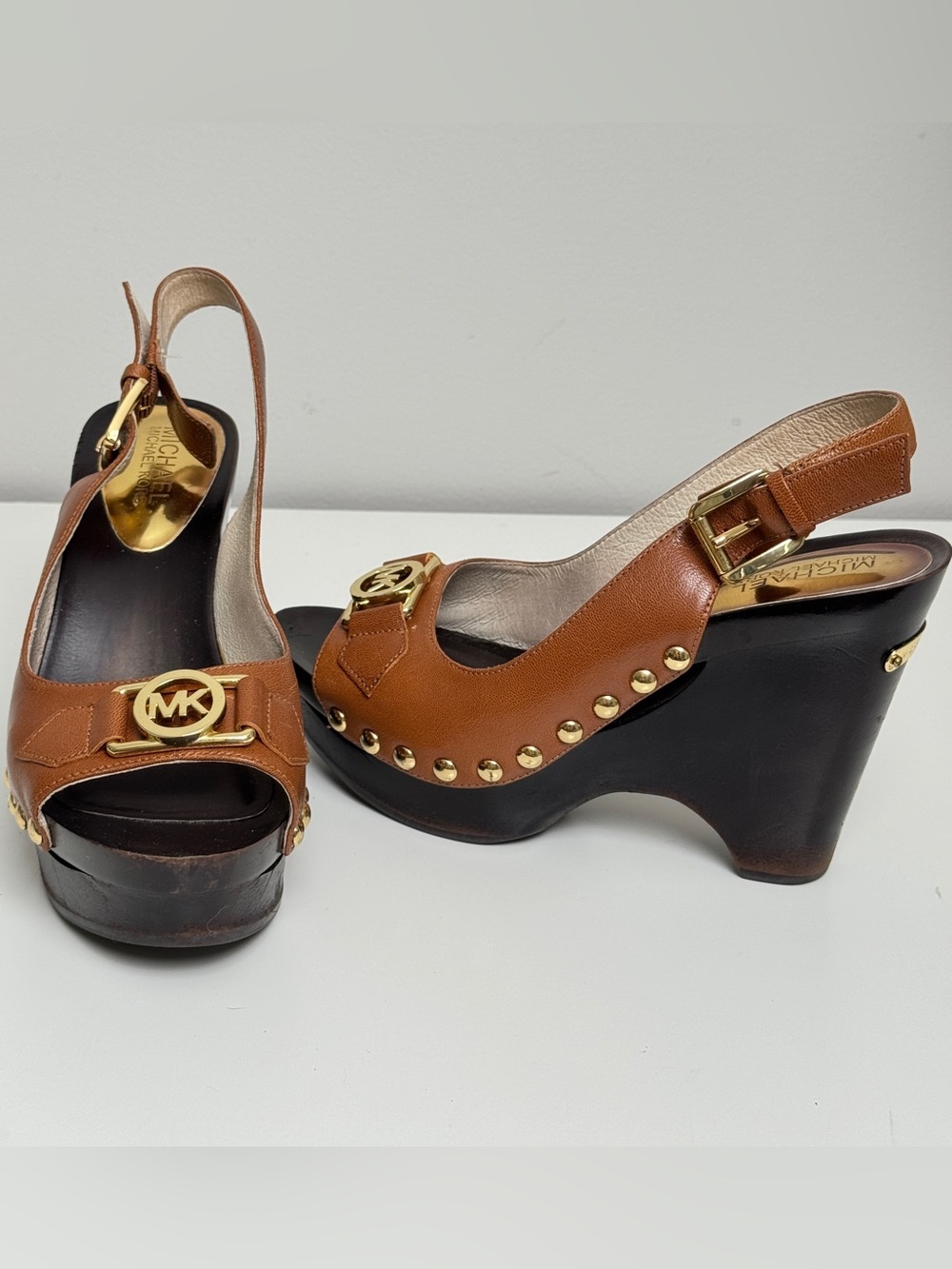 MICHAEL Michael Kors Candace Leather Platform Wedge Sandals Brown 6.5M